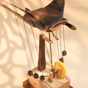 Flying Manta Ray Automaton - Yellow Gear, Manta Ray Automata, Manta Ray Kinetic Sculpture, Moving Sculpture, Wood Carving, Christmas Gift