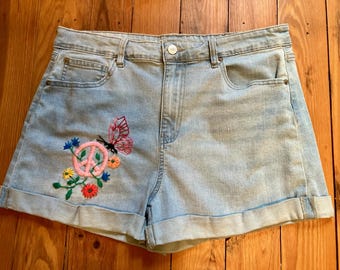 Embroidered Cuffed Jean Shorts: Peace Sign, Butterfly, Flowers, Size 15