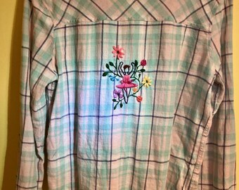 Embroidered Ballerina Flannel: Pastel plaid flannel shirt with dancer, colorful flowers & swirling vines