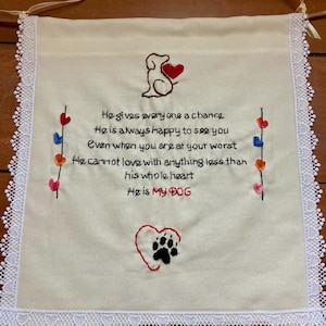 Handmade Embroidered Dog Rescue Tapestry: Heart Lace, Carved Wood