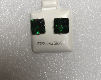 6mm Square Cut Emerald Gemstone, 925 Silver Stud Earrings