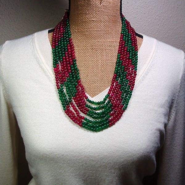 Quality Genuine Earth Mined 500.50 Carats of Rich Green Emerald and Red Ruby 7 Strand Gemstone Necklace