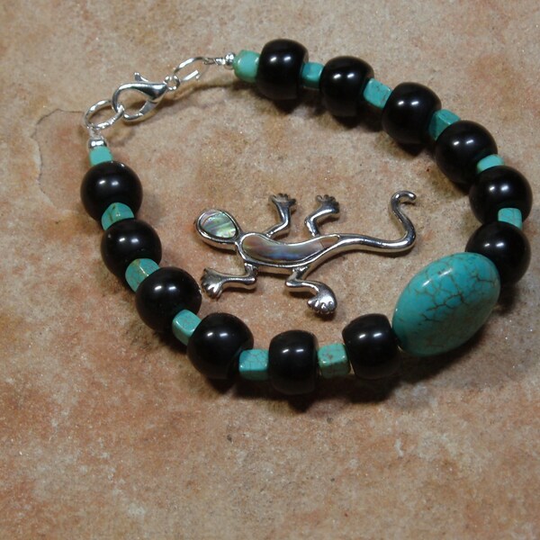 Natural Black Spinel and Blue Turquoise Gemstone, 925 Silver Bracelet