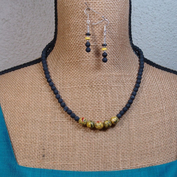 Unpolished Natural 372.00 Carats Black Spine Real Earth Mined Diamonds, Yellow Spotted Jasper 925 Silver Necklace and Earrings