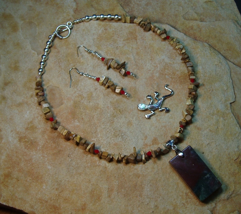 Natural Painted Plains Picture Jasper 925 Silver Pendant Necklace and Earrings Red River Gemstone Slab