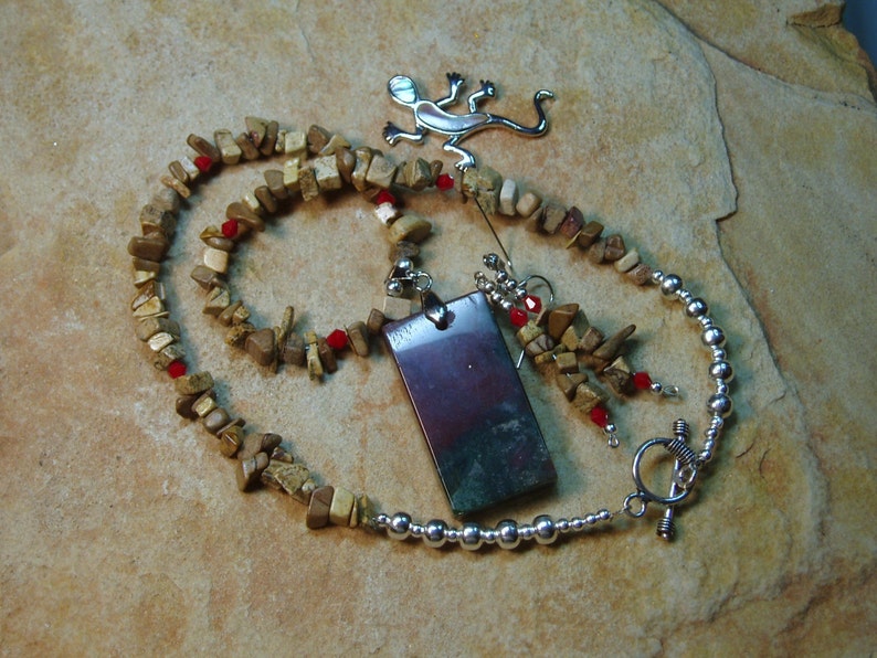 Natural Painted Plains Picture Jasper 925 Silver Pendant Necklace and Earrings Red River Gemstone Slab