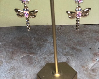 Pink and Clear Sapphire Gemstones, 14K gold Filled Dragon Fly Earrings