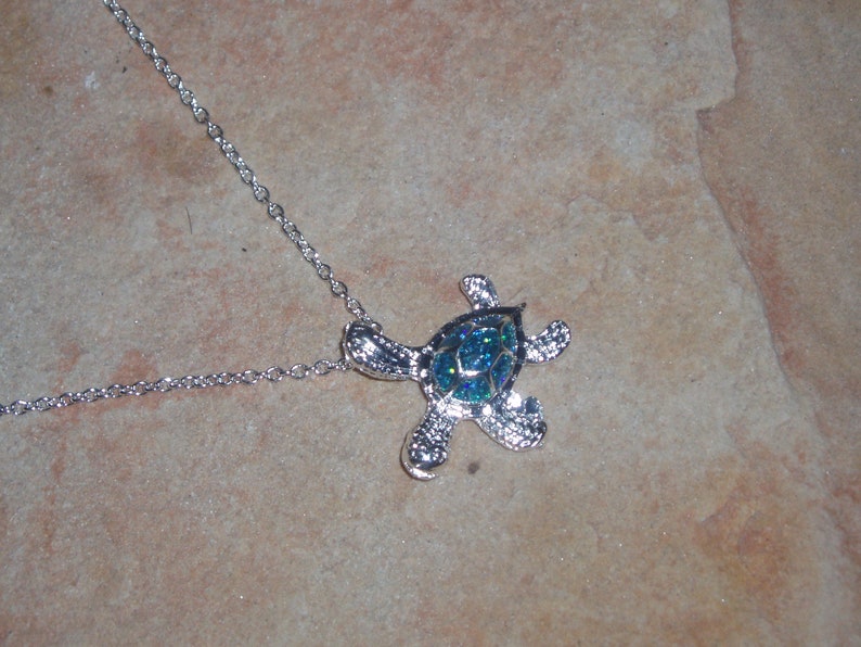 Blue Fire Opal Turtle Pendant Necklace