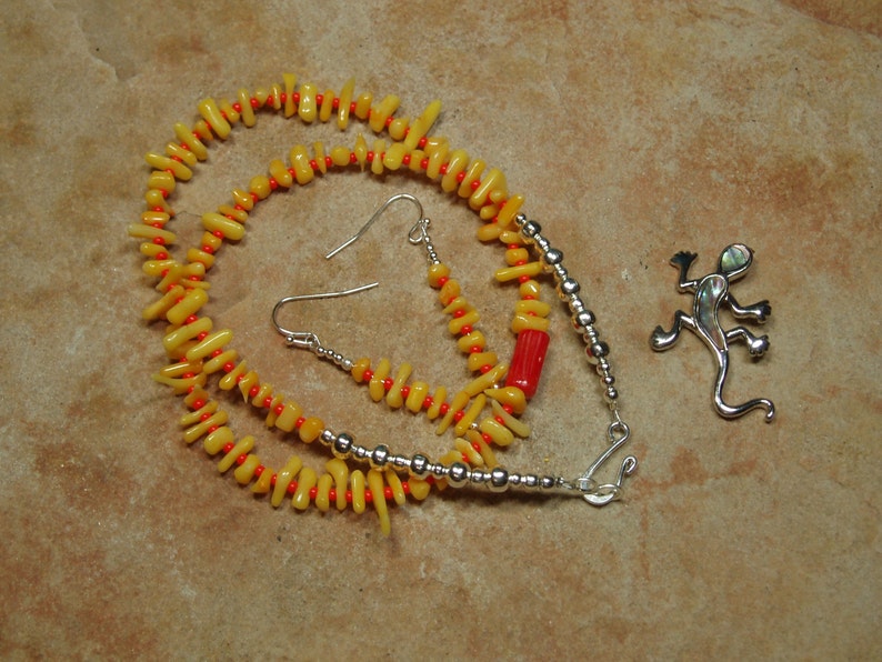 Natural Yellow and Orange AAA Grade Coral Stem Slices 925 Silver Necklace and Earrings