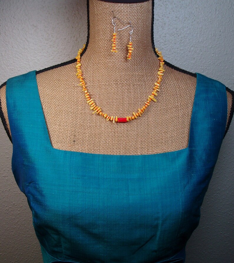 Natural Yellow and Orange AAA Grade Coral Stem Slices 925 Silver Necklace and Earrings