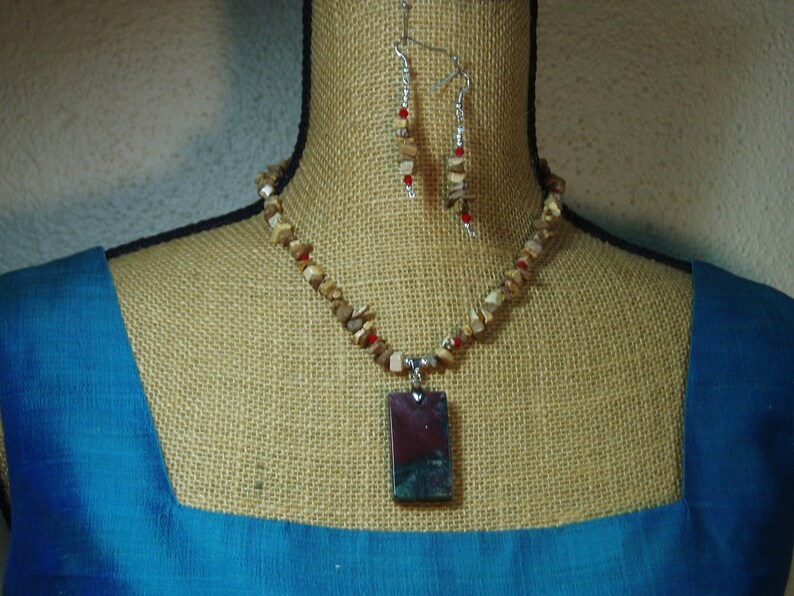 Natural Painted Plains Picture Jasper 925 Silver Pendant Necklace and Earrings Red River Gemstone Slab