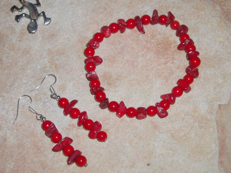 Genuine Red Coral from the South Sea of Japan,Strechy Bracelet and Earrings