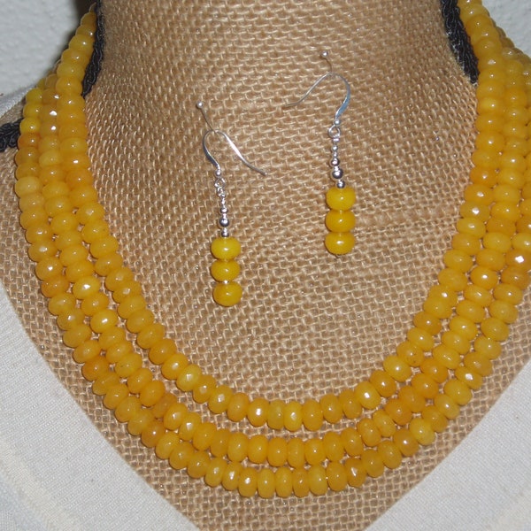 1020.00 Carats of South American 3 Strand Faceted Abacus Rondelle Yellow Topaz Real Earth Mined Gems,925 Silver Necklace and Earrings