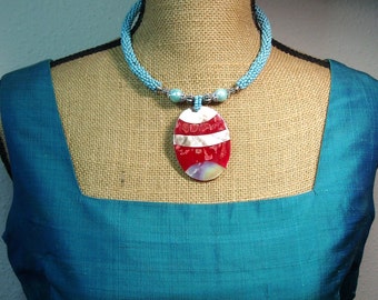 Handmade Blue Beading, Tadacca Shell Pearls, Handcut, Hand-in-Lay Mother of Pearl,Red Sea Coral Necklace