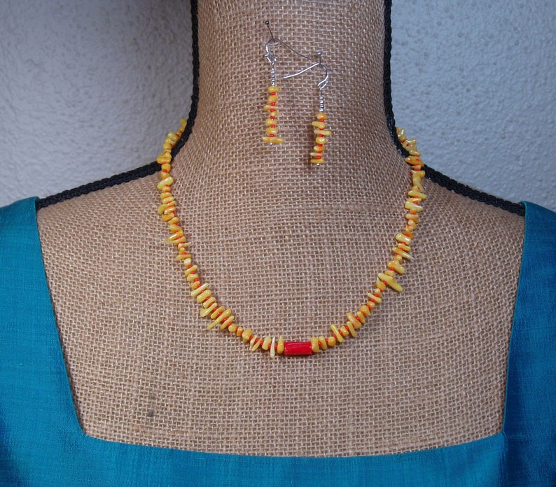 Natural Yellow and Orange AAA Grade Coral Stem Slices 925 Silver Necklace and Earrings
