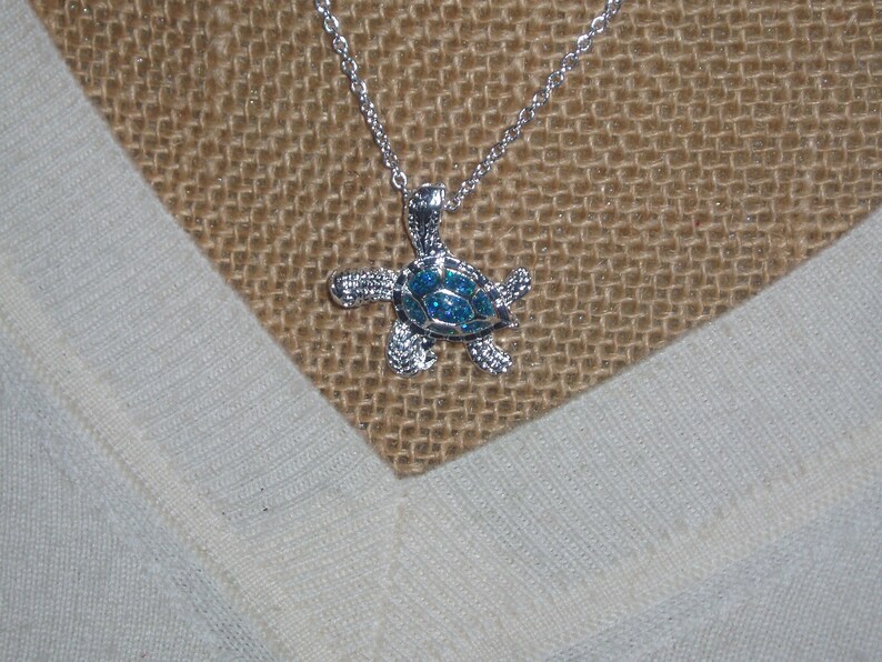 Blue Fire Opal Turtle Pendant Necklace