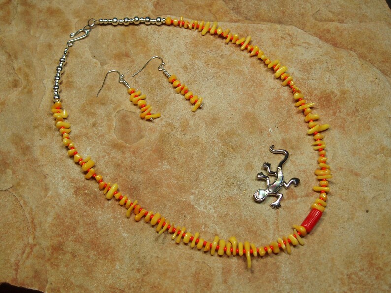 Natural Yellow and Orange AAA Grade Coral Stem Slices 925 Silver Necklace and Earrings