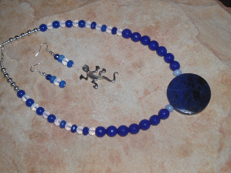 Carats Sapphire Gems Lapis Lazuli Moonstone Opals 925 Silver Necklace and Earrings