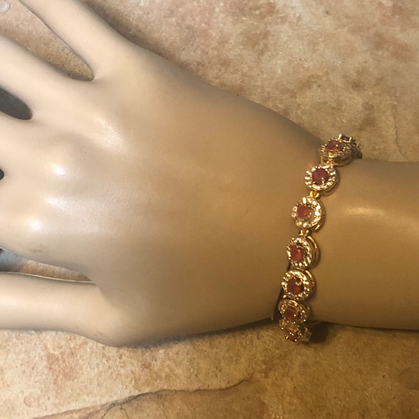 Genuine Earth Mined Red Ruby and Clear Topaz Gemstones, 18 Carat Yellow Gold Filled Tennis Bracelet