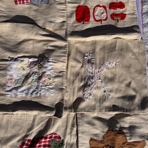 May include: A beige fabric quilt with various appliques. The appliques include a red, white, and blue American flag, three red apples, a floral bow, a red and white gingham strawberry, and a brown cowboy hat with a yellow smiley face.