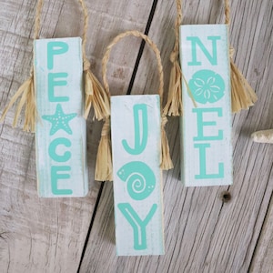 Beach Coastal Christmas Tree Ornaments Set of Three in Aqua Blue and White Coastal Holiday Ornaments Nautical Christmas Ornaments