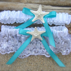 WHITE AQUA BLUE Wedding garter set diamante starfish