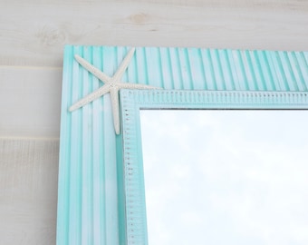 Espejo costero para decoración del hogar con conchas marinas y estrellas de mar Key West azul y blanco