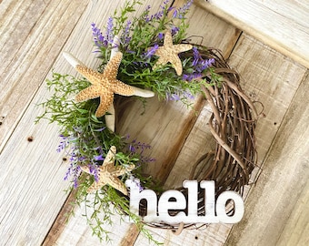 Coastal Beach Wreath Starfish HELLO Front Door Decor