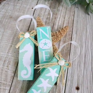 Beach Christmas Ornaments Set of Three Noel Seahorse Starfish in Aqua Blue