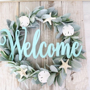 Beach Wreath Coastal Home Decor Welcome Wreath with Starfish and Sand Dollars Aqua Blue White Natural Lambs Ear