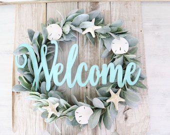 Beach Wreath Coastal Home Decor Welcome Wreath with Starfish and Sand Dollars Aqua Blue White Natural Lambs Ear