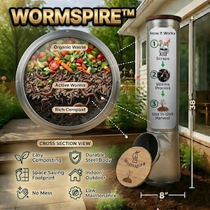 May include: A Wormspire composting system, 38 inches tall and 8 inches wide, with a cross-section view showing organic waste, active worms, and rich compost. Features include easy composting, a durable steel body, and indoor/outdoor use.