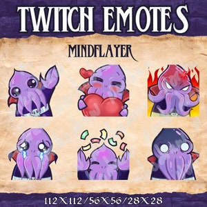 May include: A set of six Twitch emotes featuring a purple and pink cartoon mind flayer with different expressions. The emotes are in a 112x112, 56x56, and 28x28 pixel format. The text "Mindflayer" is at the top of the image.