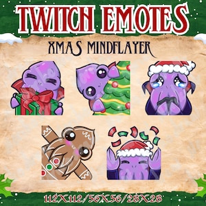 Puede incluir: Cuatro emoticonos de Twitch con temática navideña que representan a un personaje morado Mind Flayer en diferentes poses. Los emoticonos están dispuestos en una cuadrícula cuadrada con el texto "XMAS MINDFLAYER" encima y "112X112/56X56/28X28" debajo.