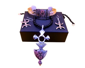 Berber Tuareg Moroccan Jewelry Set – Handmade Bracelet Necklace Earrings – Amazigh Symbol Unisex– engraved Authentic Tribal Ethic Style