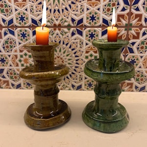 Set of 2 Tamegroute Candlestick Holders Handmade Moroccan Green Glaze Pottery Rustic Boho Candle Holders Unique Temperature Regulating Decor