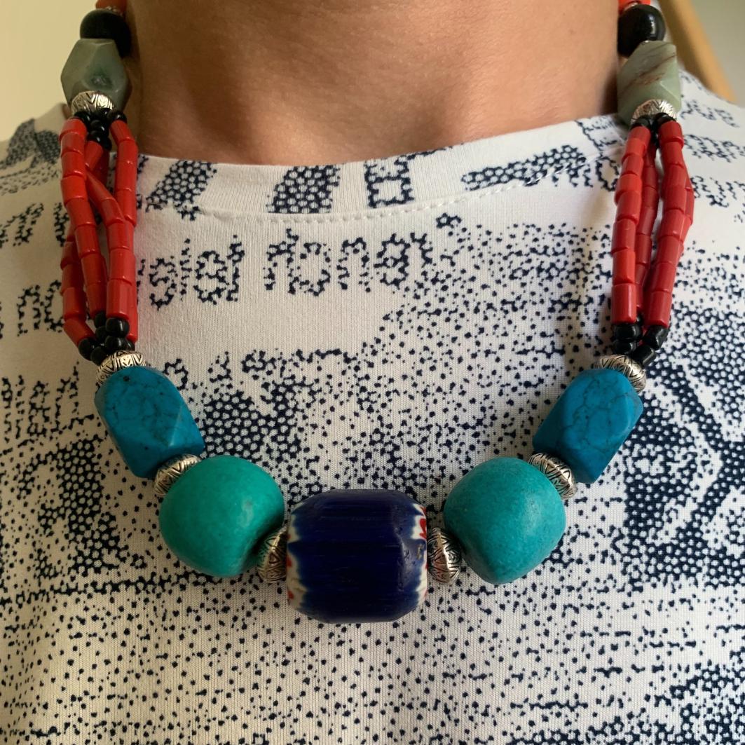 Collier Ancien Perles Pierres Jaspe Turquoise Corail - Bijou Ethnique Berbère