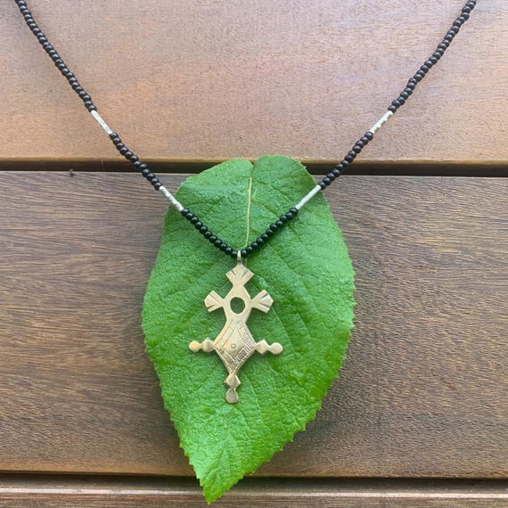 Handmade Berber Tuareg Cross Necklace: Engraved Metal Alloy Pendant, Black Beads Fast  shipping from Europe