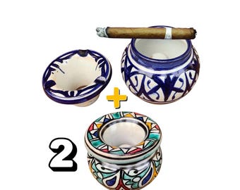 Set di 2 posacenere in ceramica marocchina fatti a mano: decorazioni berbere smaltate colorate. Spedizione veloce dall'Europa.