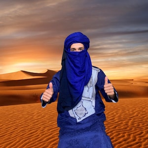 Long Authentic Indigo Tuareg Scarf–Unisex Desert Turban & Head Wrap–Handmade Berber Style from Morocco–écharpe Perfect Gift for Him or Her