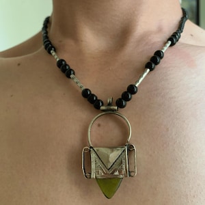 Handmade Tuareg Necklace | Berber Tribal Pendant  green Glass African Jewelry | Ethnic Moroccan Gift for Her or Him | Vintage Alloy Necklace