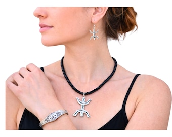 Berber Tuareg Moroccan Jewelry Set – Handmade Bracelet Necklace Earrings – Amazigh Symbol Unisex– engraved Authentic Tribal Ethic Style
