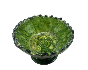 Berber Moroccan Tamegroute Waterfall Green Glazed Jagged Edge Pedestal Fruit Bowl – Handmade Ceramic Serving Bowl Boho Home Decor