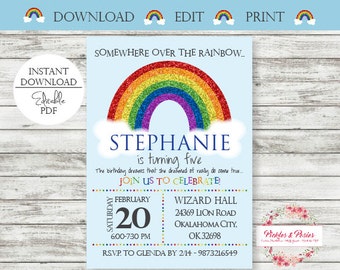 Editable Rainbow Birthday Invitation - Rainbow Party Invitation - Rainbow Birthday Invite - Printable - Digital File - Edit w/ Adobe Reader