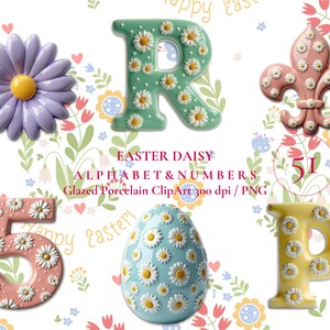 Easter Daisy Letter ClipArt, alfabet en nummer PNG, porselein typografie, feestelijk ontwerp, 3D afdrukbare digitale download Pasen