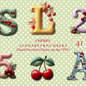 Kirsche aus Porzellan Brief ClipArt, Alphabet & Zahl PNG, Porzellan Typografie, festliches Design, 3D druckbare digitale Datei
