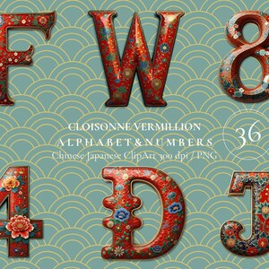 Cloisonné-letter ClipArt, alfabet en nummer PNG, porseleintypografie, feestelijk ontwerp, 3D-nieuwjaar afdrukbare digitale download