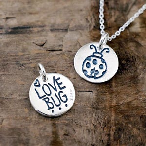 May include: Two silver charm necklaces. One charm is a round pendant with the words "LOVE BUG" and a heart. The other charm is a round pendant with a ladybug design. Both charms are on a silver chain.
