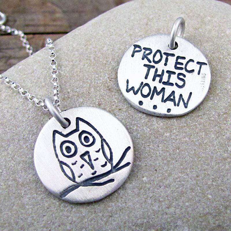 Etched Sterling Silver Owl Necklace - Protect This Woman Amulet