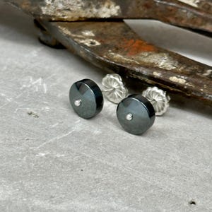 Unique hematite stud earring | large round gray post with sterling silver ball | hematite jewelry artist handmade in michigan hanni jewelry